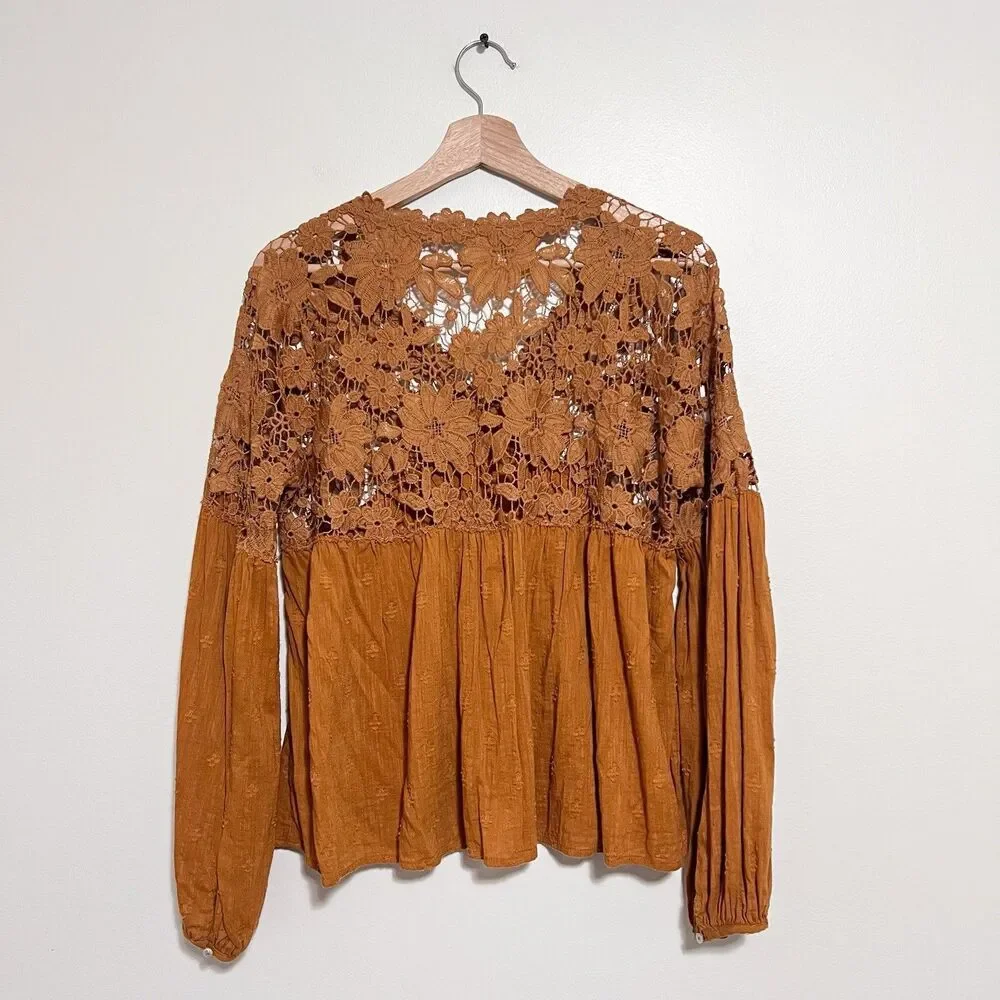 Free People Lina Lace Top Bronze XS Crochet Boho Romantic Long Sleeve Blouse